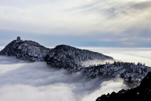 Cina, nuvole, montagne, pagoda, rocce, alberi