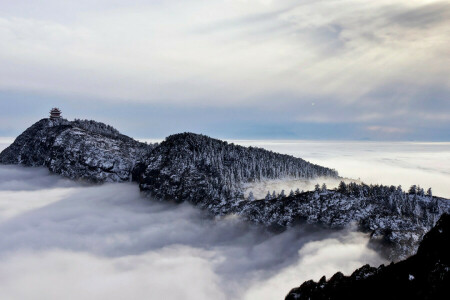 China, clouds, mountains, pagoda, rocks, trees