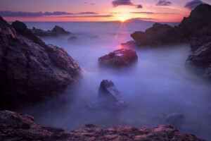 névoa, mar, pedras, pôr do sol, crepúsculo