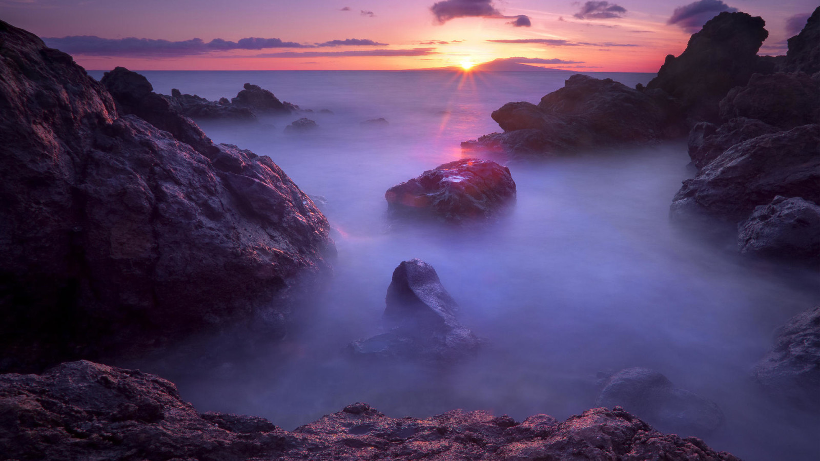 pôr do sol, pedras, mar, crepúsculo, névoa