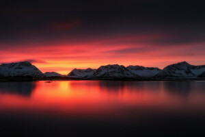 clouds, glow, lake, mountains, snow, the sky