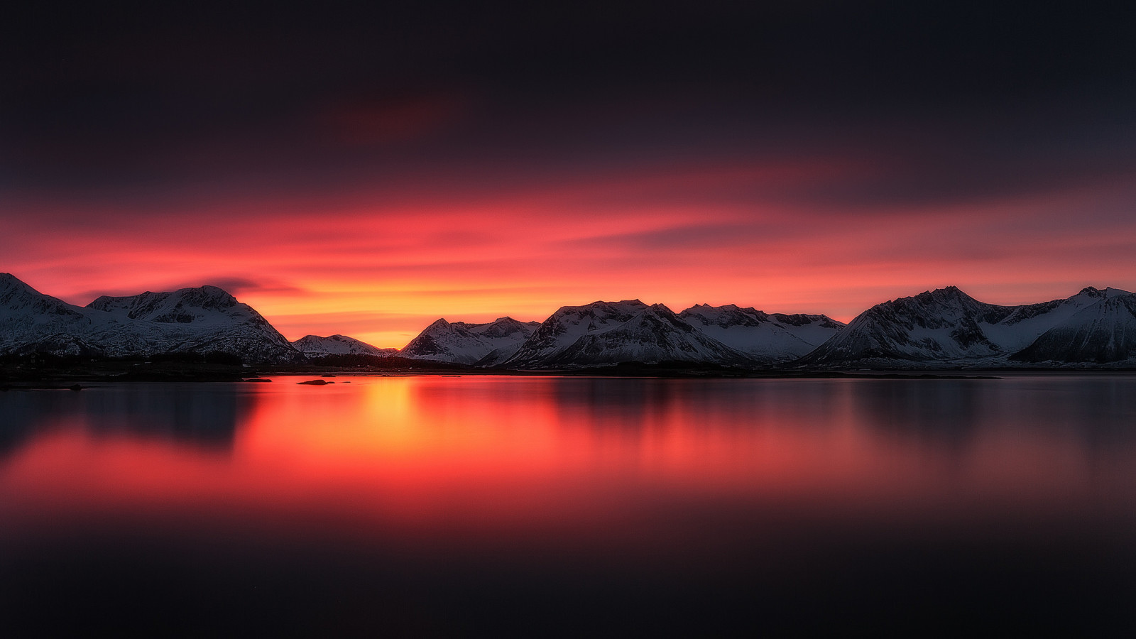 snø, himmelen, innsjø, skyer, fjellene, gløde