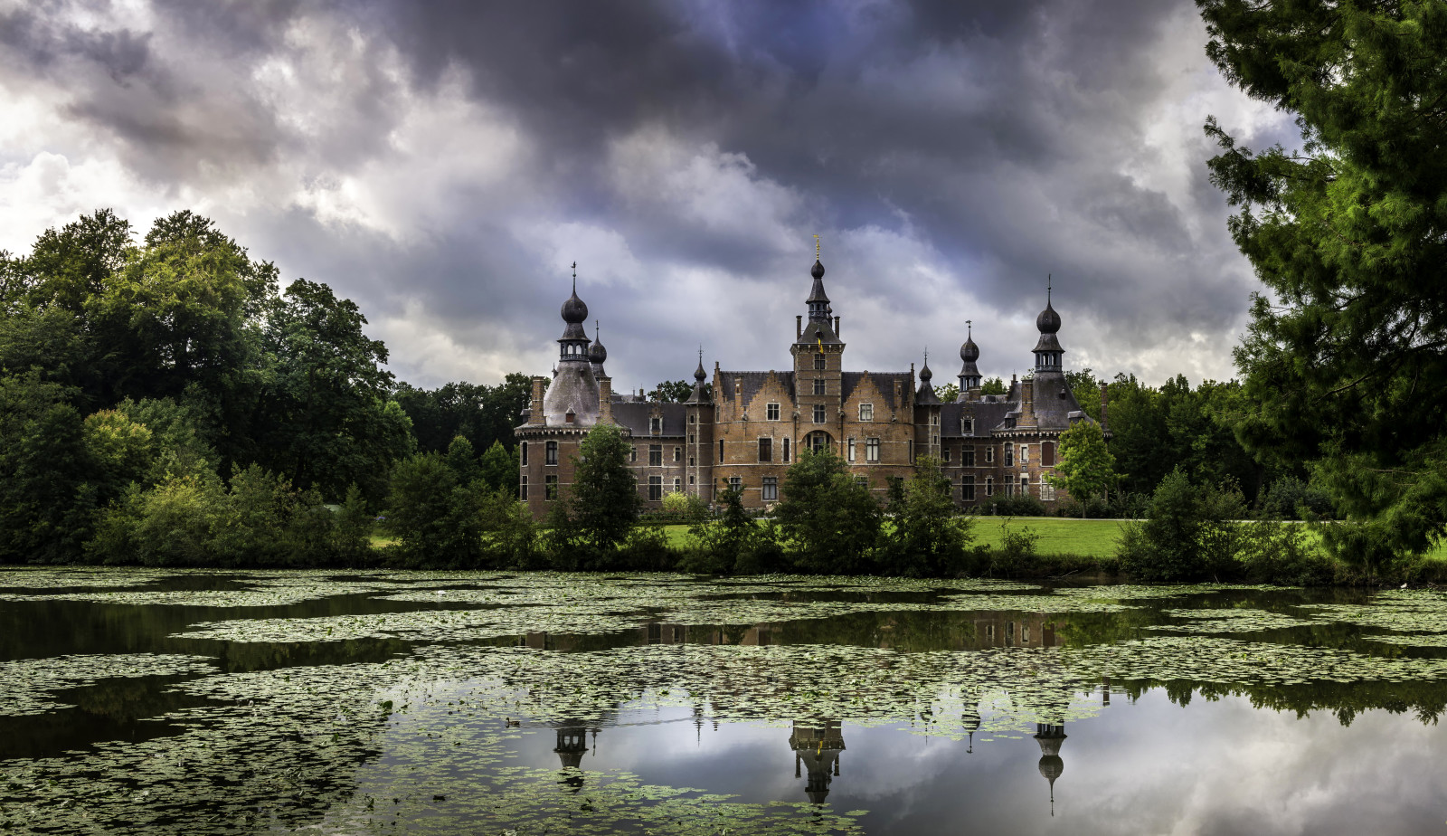 parc, des arbres, des nuages, Château, étang, Belgique, Château d'Ooidonk