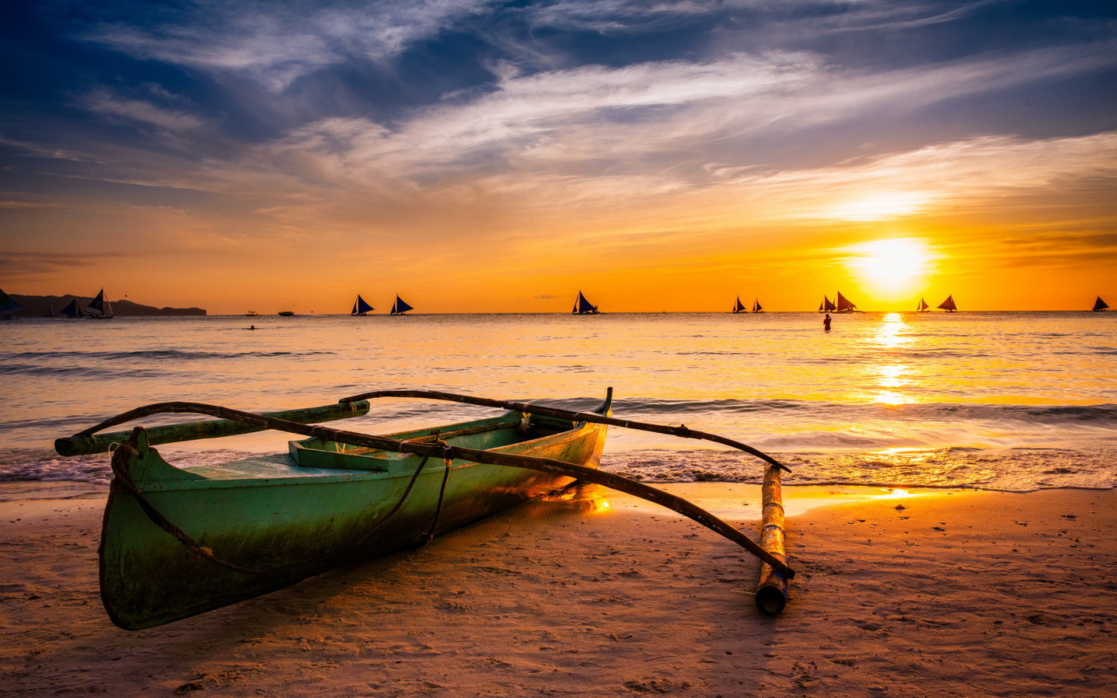 pôr do sol, mar, barco