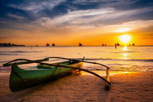 bateau, mer, le coucher du soleil