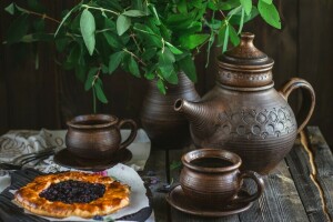 cakes, Cup, dishes, kettle, Pie, Still life, tea