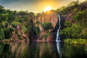 herfst, SCHOONHEID, meer, landschap, natuur, rots, waterval