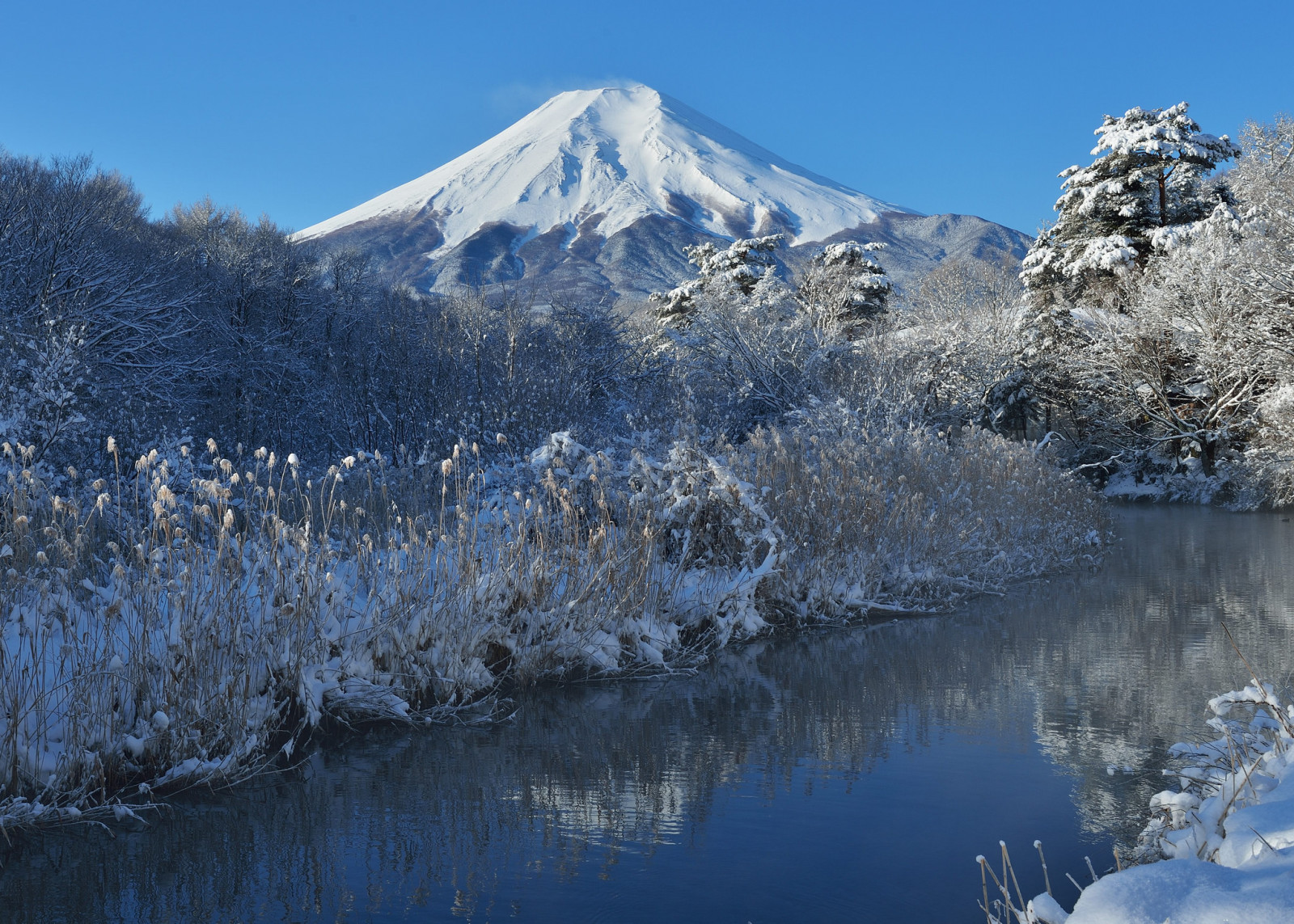 nieve, naturaleza, el cielo, río, Montaña, invierno, arboles, Japón