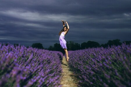 dança, campo, flores, menina, saltar, lavanda, humor