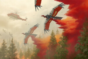 art, birds, fire, forest, helicopter, Robert Chew, robot