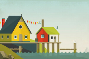 pájaro, collage, casa, paisaje, muelle, Vector