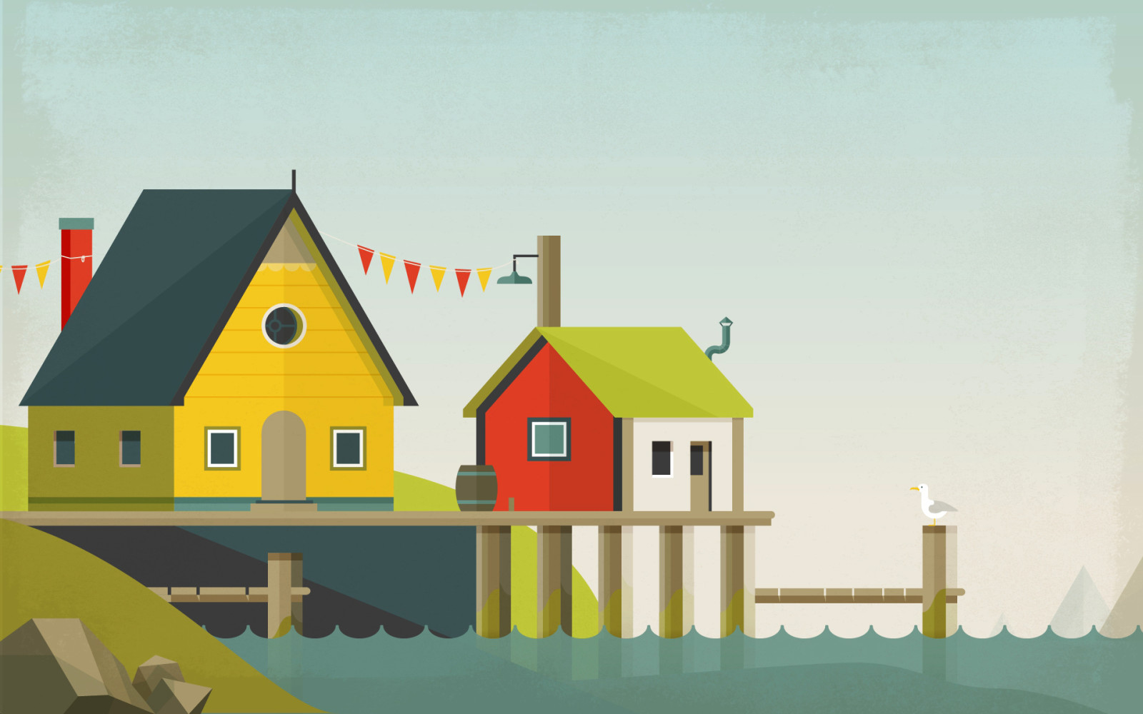 huis, landschap, vogel, collage, Vector, pier