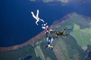 4-way FS, farm, formation skydiving, helmet, home, lake, Parachute, parachuting