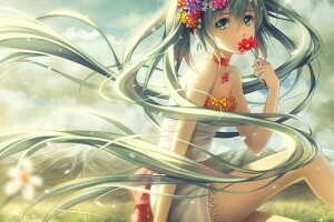 anime, kunst, bloemen, meisje, hatsune miku, bergen, natuur, Tidsean