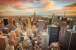 bâtiments, Centre ville, New York, La ville de New York, grattes ciels, le coucher du soleil, la ville, Etats-Unis