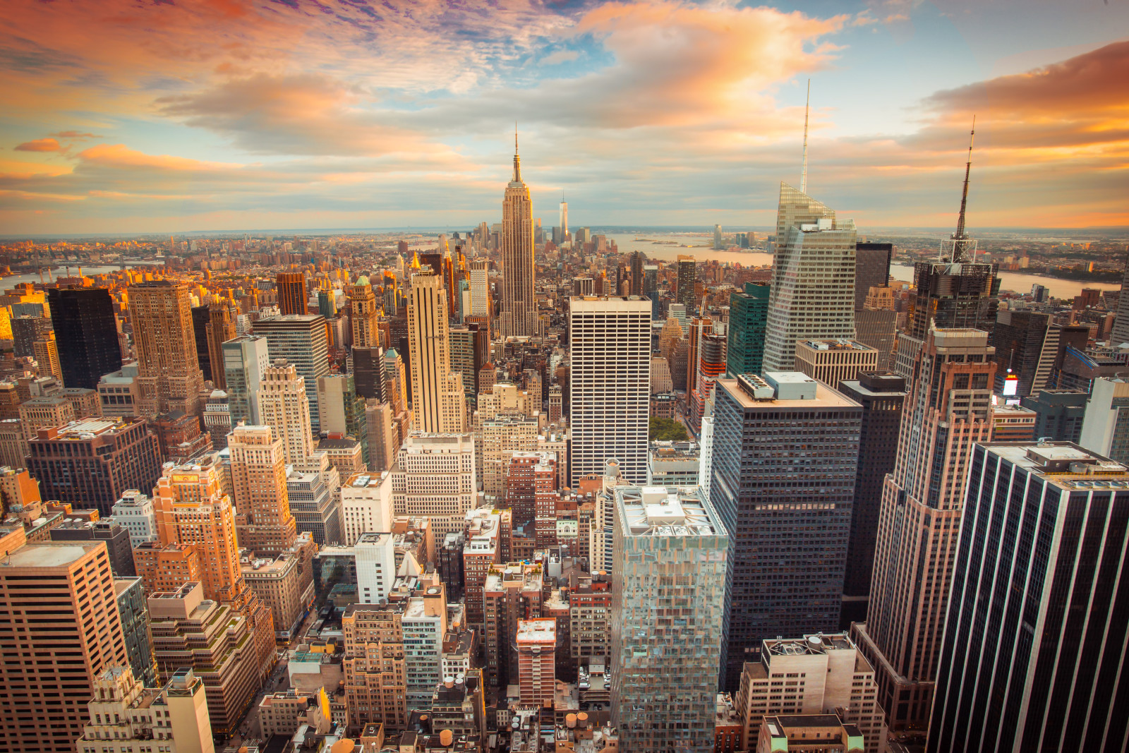 die Stadt, Sonnenuntergang, Wolkenkratzer, USA, New York, Gebäude, New York City, Innenstadt