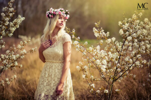 BELLEZA, soñador, vestir, flores, niña, Mark Candari, fotógrafo, verano