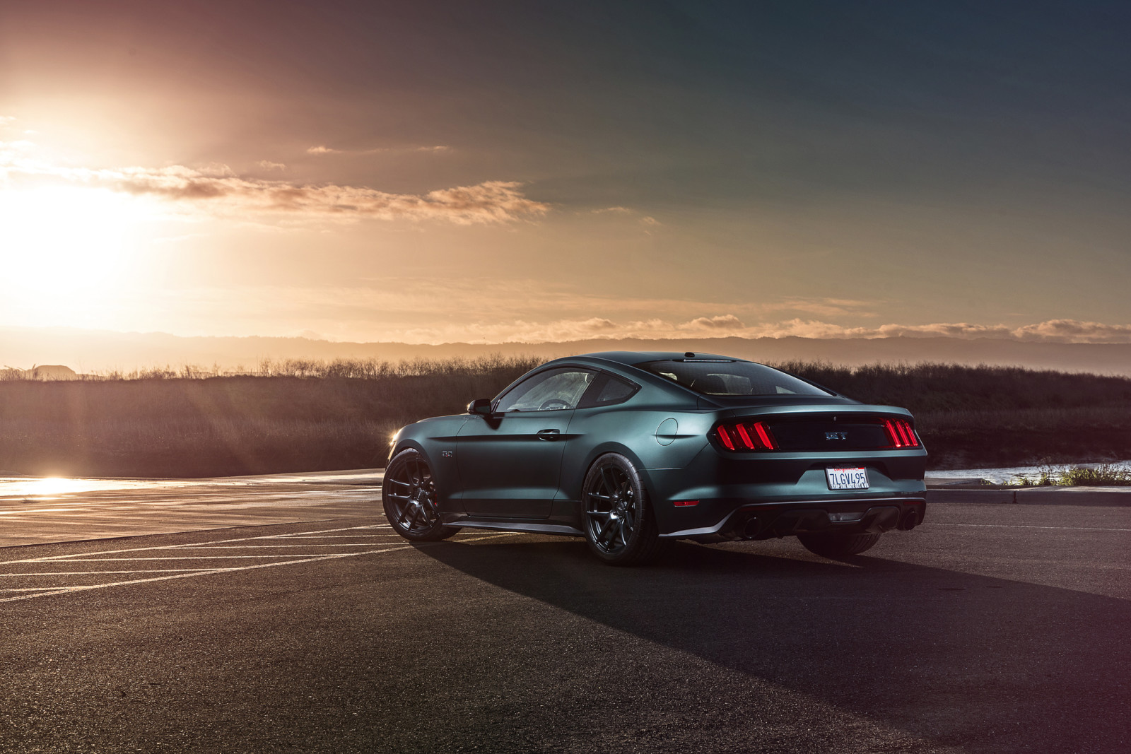 solnedgang, bil, Mustang, Ford, muskel, hjul, Bag, 2015