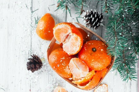 Kerstmis-, decoratie, dennenboom, dennen takken, fruit, mandarijnen, Vrolijk, Nieuwjaar