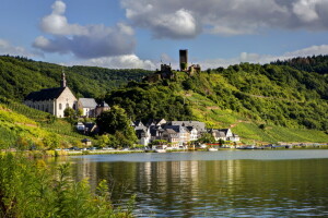 Bruttig-Fankel, pobřeží, Německo, fotografie, řeka, město