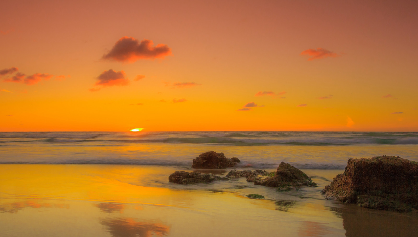 verano, paisaje, apuntalar, playa, piedras, El océano, amanecer, el sol