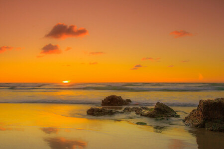 playa, amanecer, paisaje, apuntalar, piedras, verano, El océano, el sol