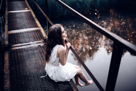 Bridge, girl, morning, river