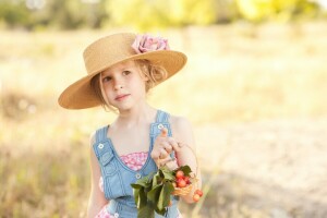 bær, blond, brunøjet, blomst, pige, hat, natur