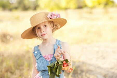 bär, blond, brunögd, blomma, flicka, hatt, natur