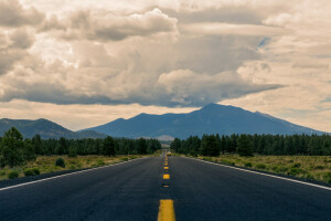 car, clouds, mountains, road