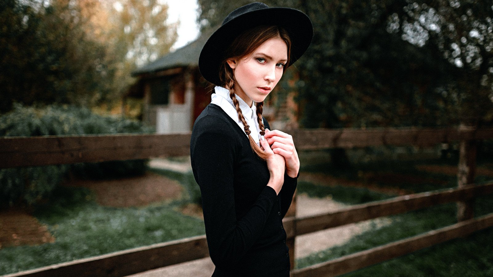 girl, braids, hat, Amish