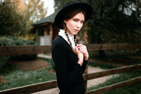 Amish, trenzas, niña, sombrero