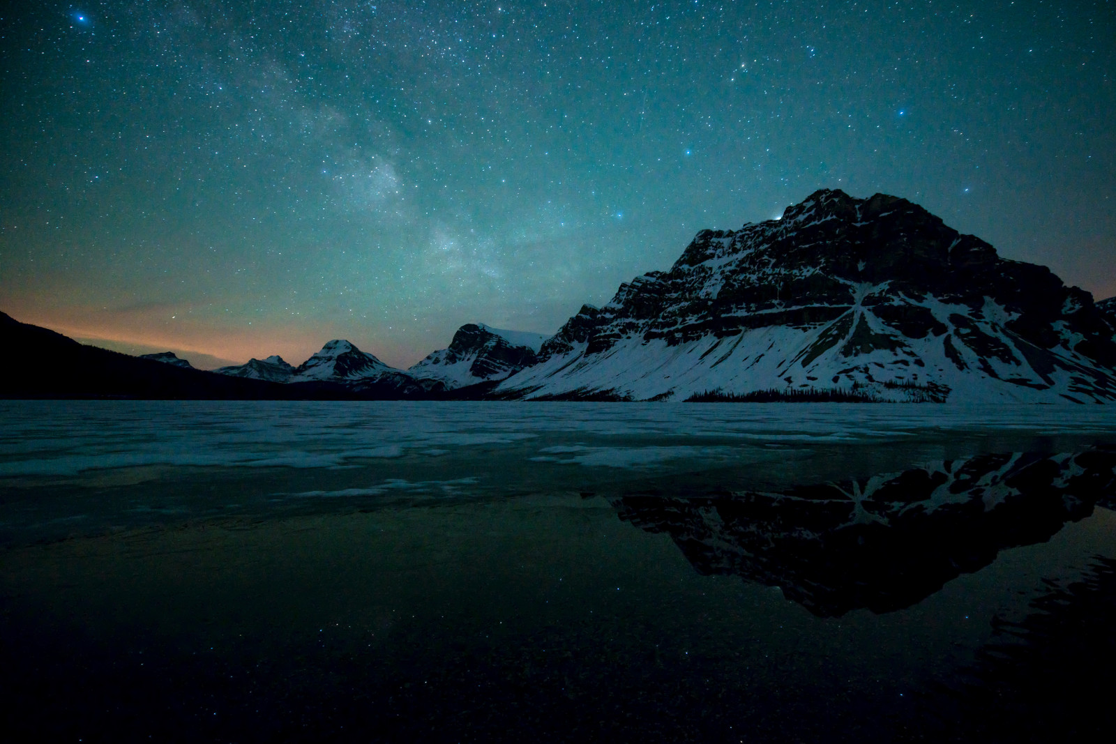 the sky, winter, night, mountains, stars, Milky Way, Thawing Bow Lake