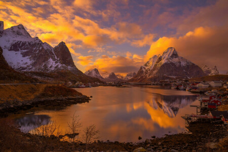 arquipélago, luz, montanhas, Noruega, assentamento, a noite, Cidade