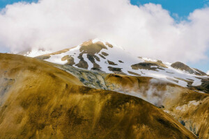 clouds, couples, geyser, mountains, snow, the sky