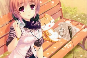 akane tachibana, Alpha, art, bench, girl, Headphones, kimi to issho ni, microphone