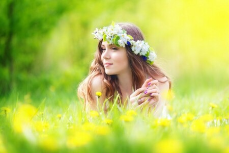 brown hair, DANDELIONS, field, flowers, grass, greens, lawn, look