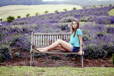 banc, fleurs, fille