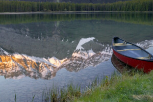 Alberta, Parque Nacional Banff, barco, Canadá, lago, montañas, reflexión