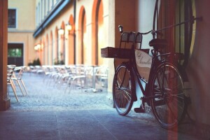 bicicletă, cafenea, patio, orașul