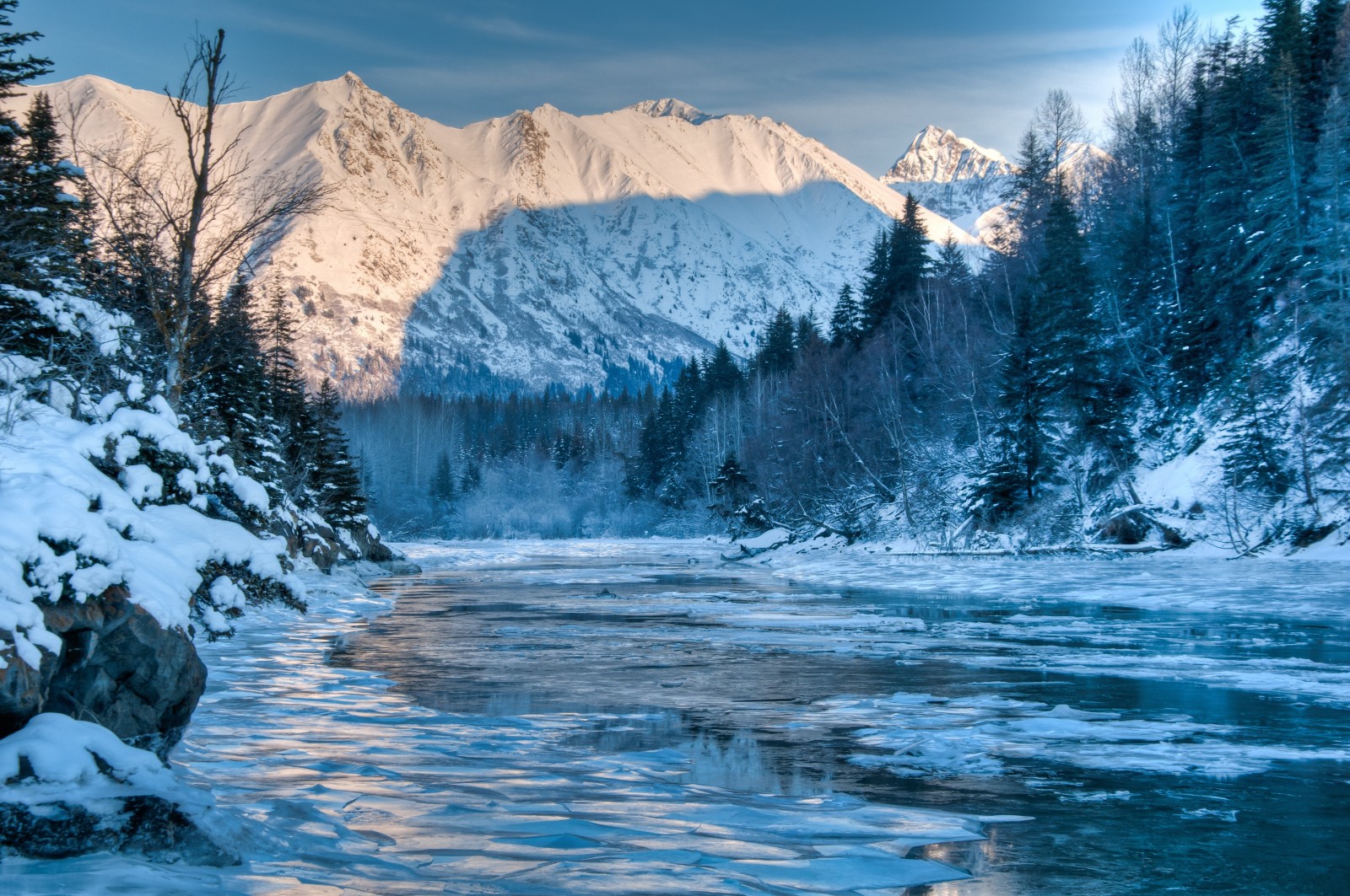 las, Natura, rzeka, zimowy, krajobraz, góry, Alaska