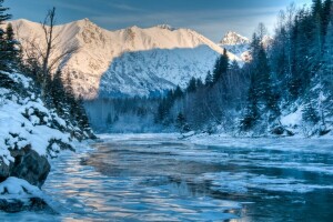 Alaska, forest, landscape, mountains, nature, river, winter