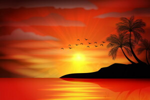 isla, palmeras, palmas, Paraíso, mar, puesta de sol, tropical, Vector