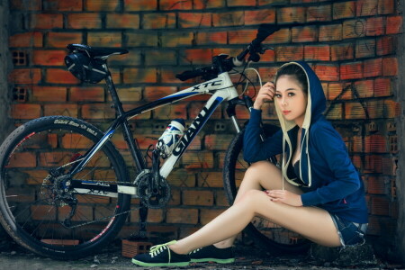 asiático, bicicleta, menina