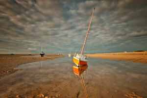 boat, clouds, sea, shore, the sky, Tide