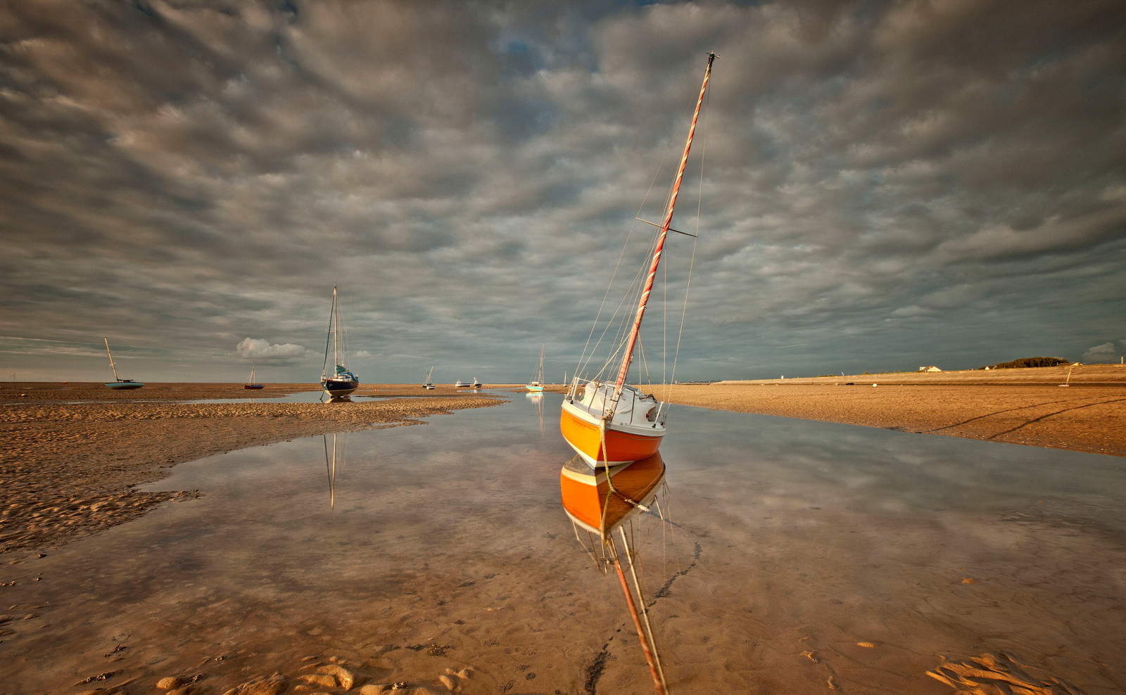 the sky, shore, sea, clouds, boat, Tide