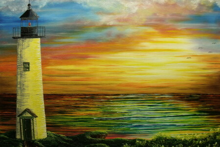 canvas, Lighthouse, Painting, sea, seagulls, sunset, water