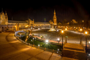 Espana, luces, noche, Sevilla, España