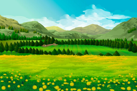 DANDELIONS, campo, panorama, Prado, montanhas, árvores