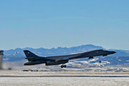 B-1B, Bomber, Lancer, overlyds, flyplassen, oppgangen